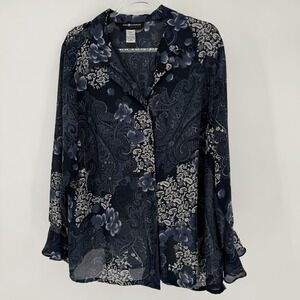 Sag Harbor Womens Button Up Sheer Blouse Blue Black  Whimsigoth Fairygrunge 16W